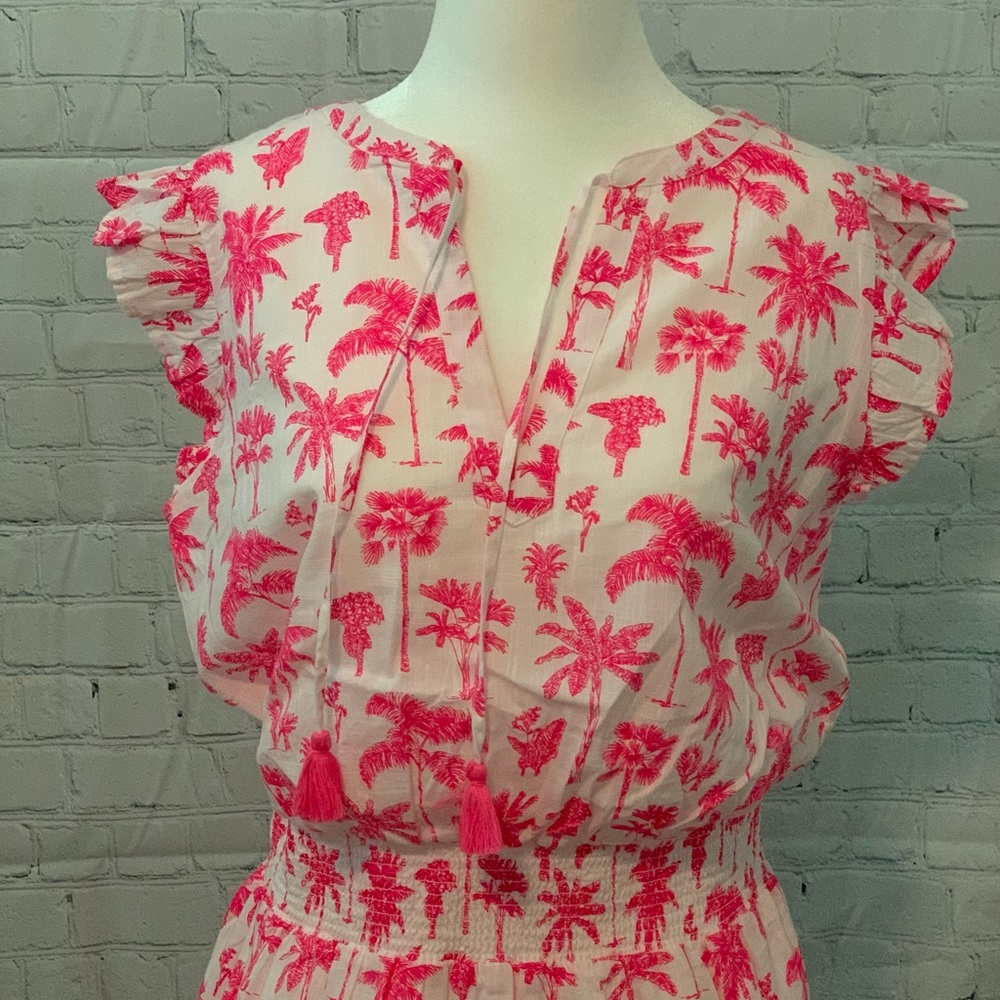Vineyard Vines Pink Palm Print Ruffle Cap-Sleeve Dress - Picture 2 of 5